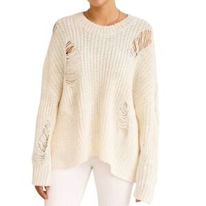 Blue B Distressed Knit Sweater Cream Ivory Oversized Ripped Grunge M/L T11878